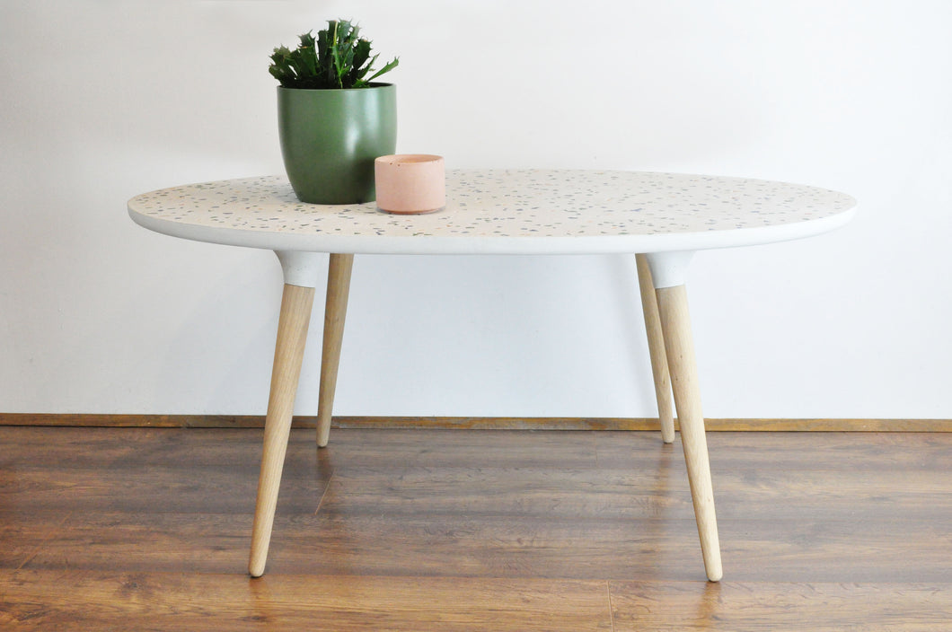 concrete table with terrazzo surface